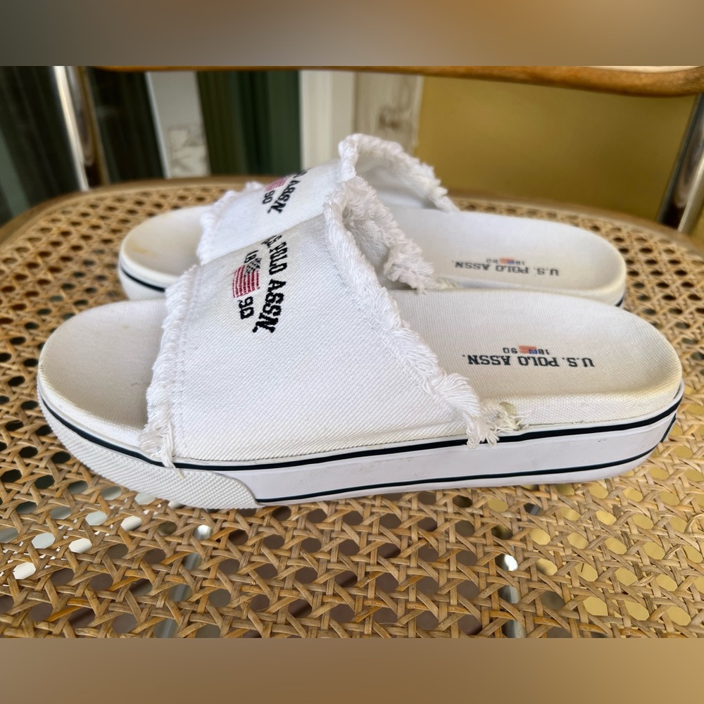 US Polo Assn White Frayed Denim Y2K Slides size 8.5
